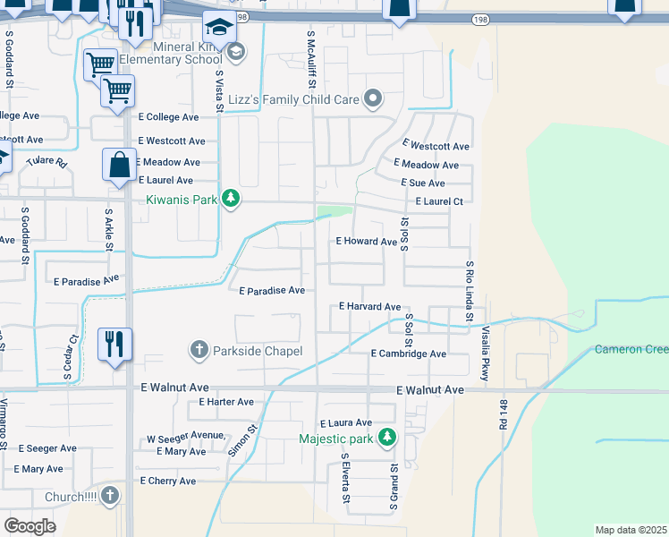 map of restaurants, bars, coffee shops, grocery stores, and more near 1407 South Laguna Street in Visalia