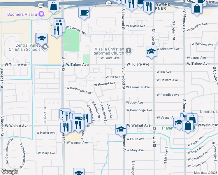 map of restaurants, bars, coffee shops, grocery stores, and more near 4618 West Howard Avenue in Visalia