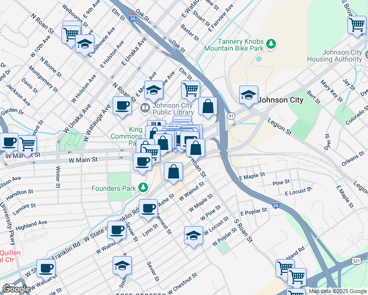 map of restaurants, bars, coffee shops, grocery stores, and more near 141 East Market Street in Johnson City