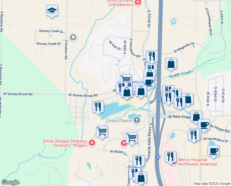 map of restaurants, bars, coffee shops, grocery stores, and more near 5215 West Village Parkway in Rogers