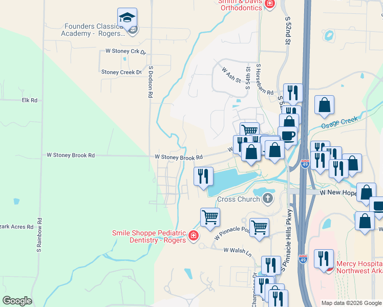 map of restaurants, bars, coffee shops, grocery stores, and more near 5723 West Stoney Brook Road in Rogers