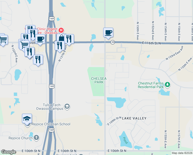 map of restaurants, bars, coffee shops, grocery stores, and more near 14306 East 113th Street North in Owasso