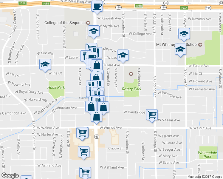 map of restaurants, bars, coffee shops, grocery stores, and more near 1510 South Central Street in Visalia