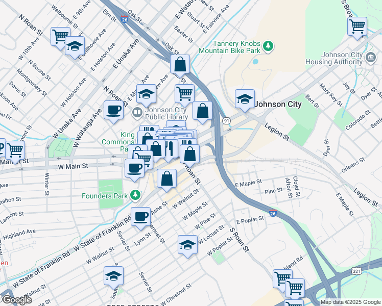 map of restaurants, bars, coffee shops, grocery stores, and more near 333 East Main Street in Johnson City
