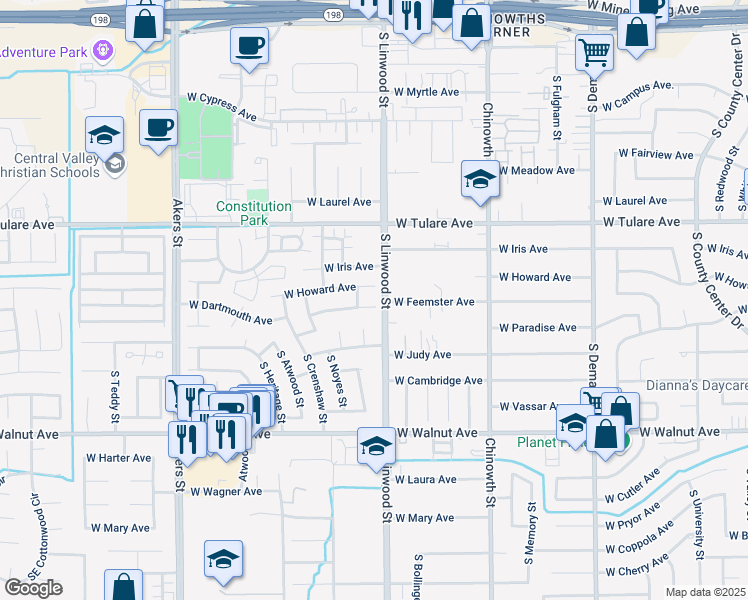 map of restaurants, bars, coffee shops, grocery stores, and more near 4534 West Howard Avenue in Visalia