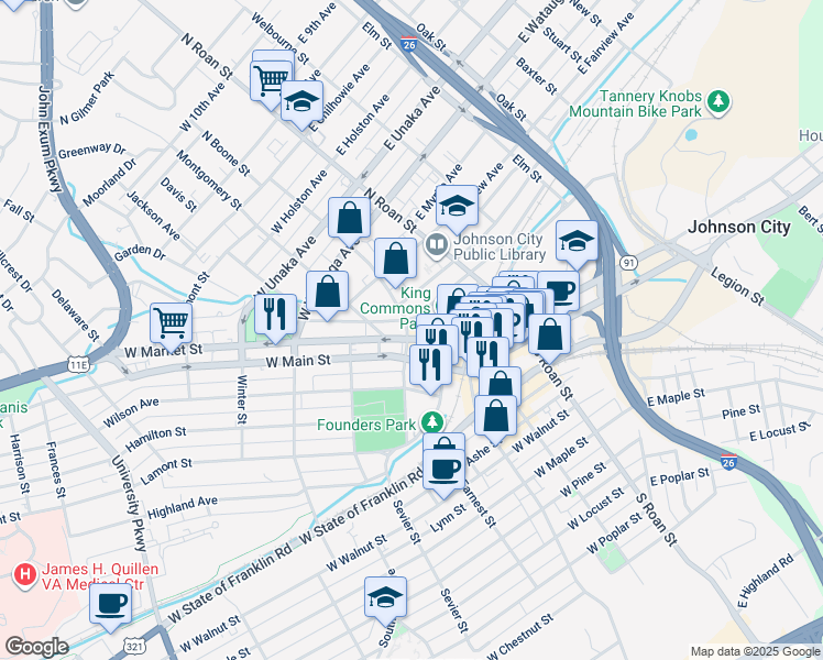 map of restaurants, bars, coffee shops, grocery stores, and more near 207 N Boone St in Johnson City
