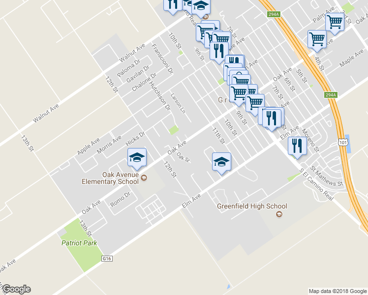 map of restaurants, bars, coffee shops, grocery stores, and more near 1171 Oak Avenue in Greenfield