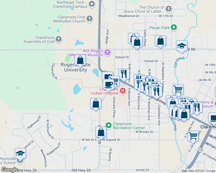 map of restaurants, bars, coffee shops, grocery stores, and more near 201 South Brady Street in Claremore