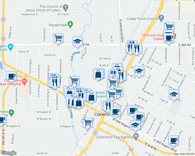 map of restaurants, bars, coffee shops, grocery stores, and more near 500 North Oseuma Avenue in Claremore