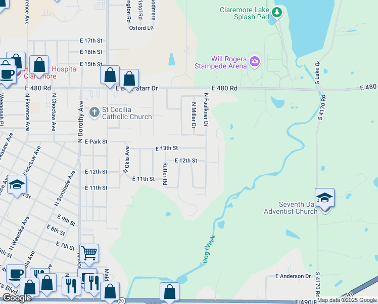 map of restaurants, bars, coffee shops, grocery stores, and more near 1008 East 13th Street in Claremore