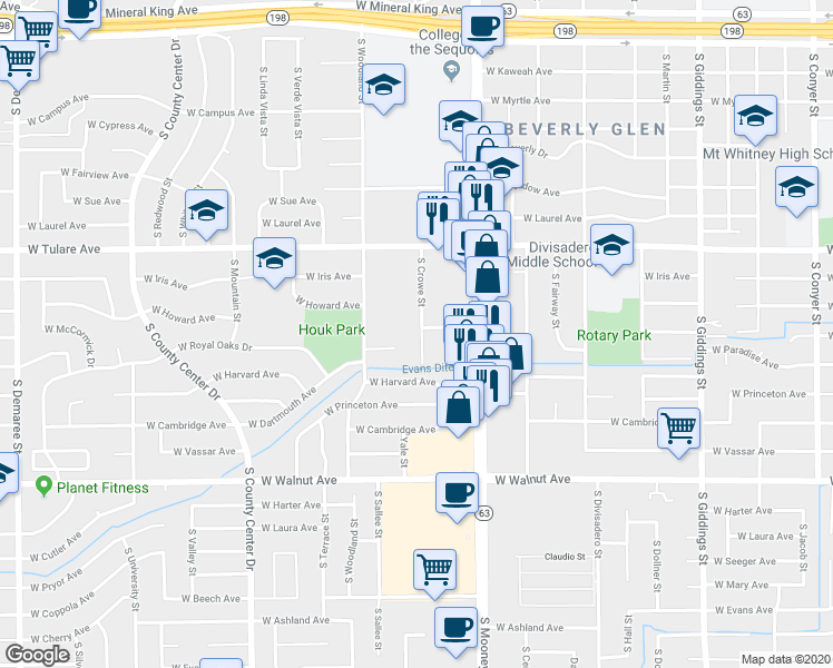 map of restaurants, bars, coffee shops, grocery stores, and more near 1507 South Crowe Street in Visalia