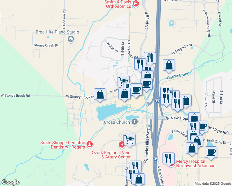 map of restaurants, bars, coffee shops, grocery stores, and more near 5215 Village Parkway in Rogers