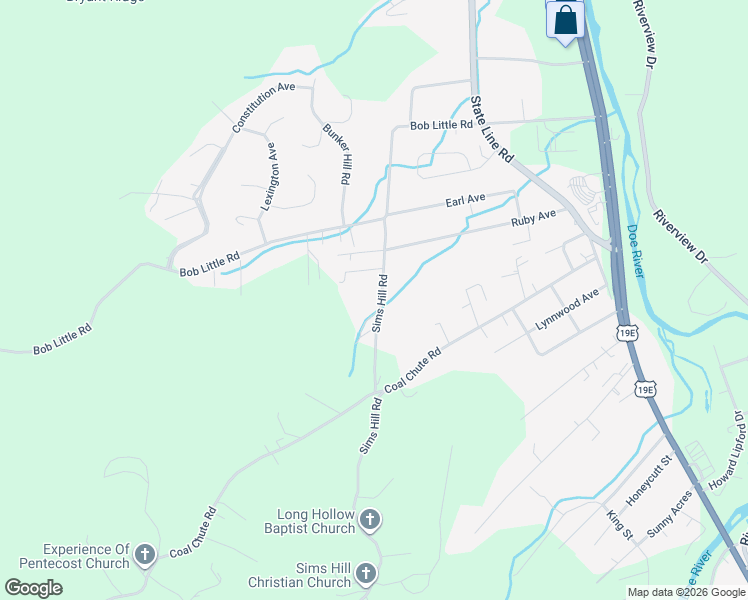 map of restaurants, bars, coffee shops, grocery stores, and more near 40 Sims Hill Road in Elizabethton