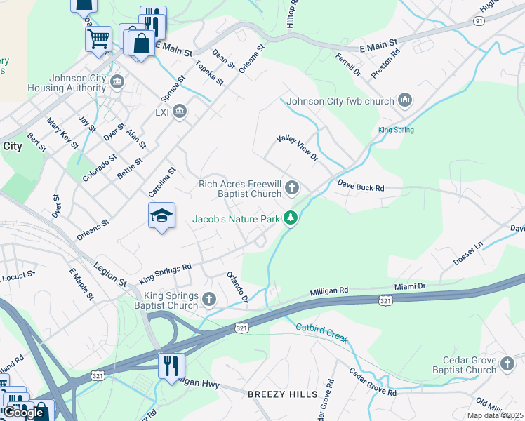 map of restaurants, bars, coffee shops, grocery stores, and more near 181 Monarch Court in Johnson City