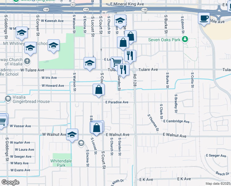 map of restaurants, bars, coffee shops, grocery stores, and more near 1449 South Garden Street in Visalia