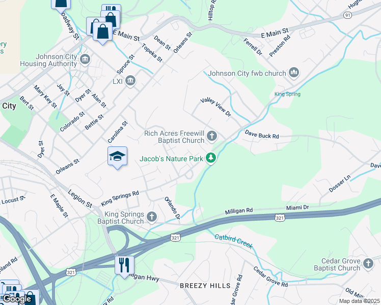 map of restaurants, bars, coffee shops, grocery stores, and more near 1211 King Springs Road in Johnson City