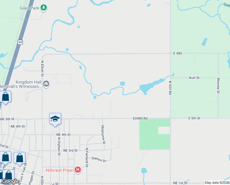 map of restaurants, bars, coffee shops, grocery stores, and more near 1513 Northeast 5th Street in Pryor