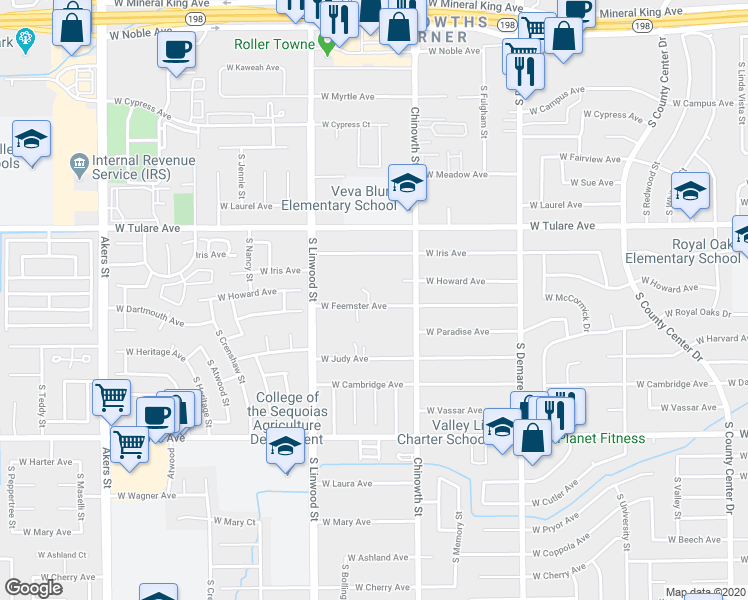 map of restaurants, bars, coffee shops, grocery stores, and more near 1440 South Julieann Court in Visalia