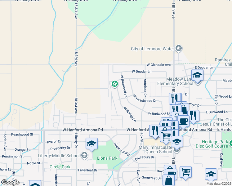 map of restaurants, bars, coffee shops, grocery stores, and more near 425 West Spring Lane in Lemoore