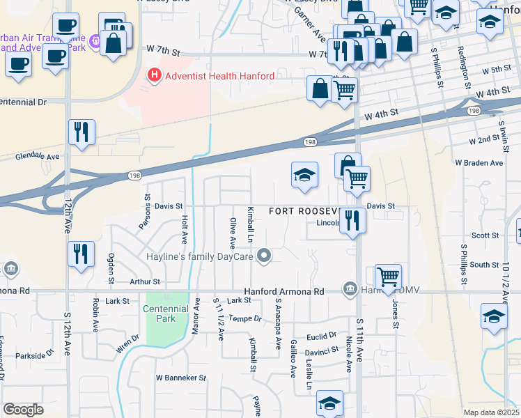 map of restaurants, bars, coffee shops, grocery stores, and more near 1069 Davis Street in Hanford