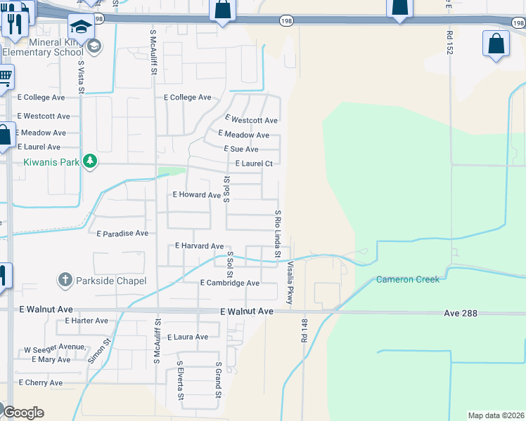 map of restaurants, bars, coffee shops, grocery stores, and more near 4227 East Howard Court in Visalia