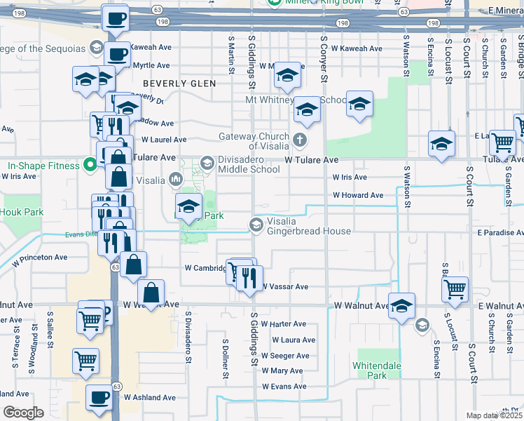 map of restaurants, bars, coffee shops, grocery stores, and more near 1231 West Whispering Pines Court in Visalia