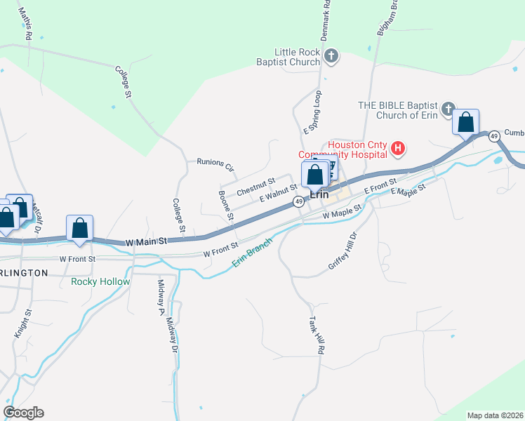 map of restaurants, bars, coffee shops, grocery stores, and more near 4525 West Main Street in Erin
