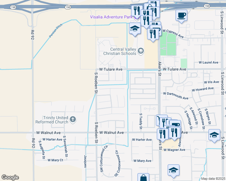 map of restaurants, bars, coffee shops, grocery stores, and more near 5906 West Howard Court in Visalia