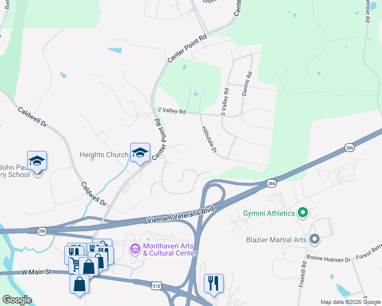 map of restaurants, bars, coffee shops, grocery stores, and more near 114 Davidson Court in Hendersonville