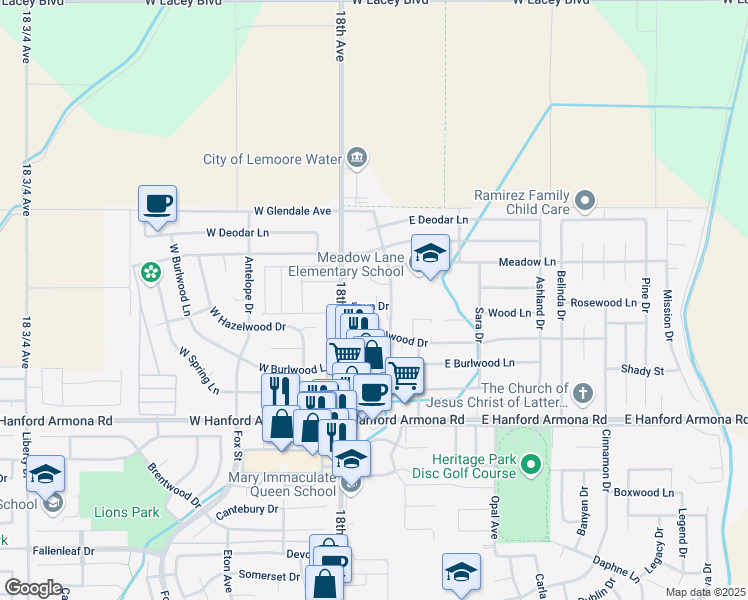 map of restaurants, bars, coffee shops, grocery stores, and more near 155 Quandt Place in Lemoore