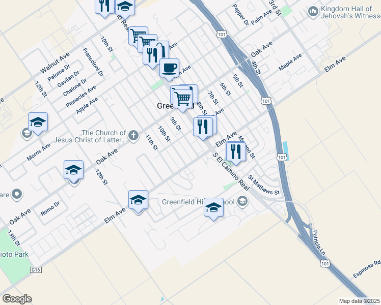 map of restaurants, bars, coffee shops, grocery stores, and more near 22 9th Street in Greenfield