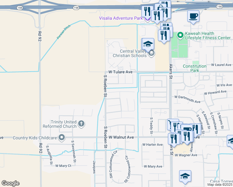 map of restaurants, bars, coffee shops, grocery stores, and more near 5933 West Howard Court in Visalia