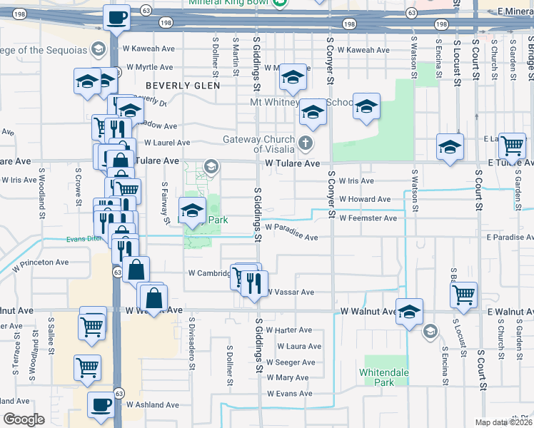 map of restaurants, bars, coffee shops, grocery stores, and more near 1246 West Whispering Pines Court in Visalia