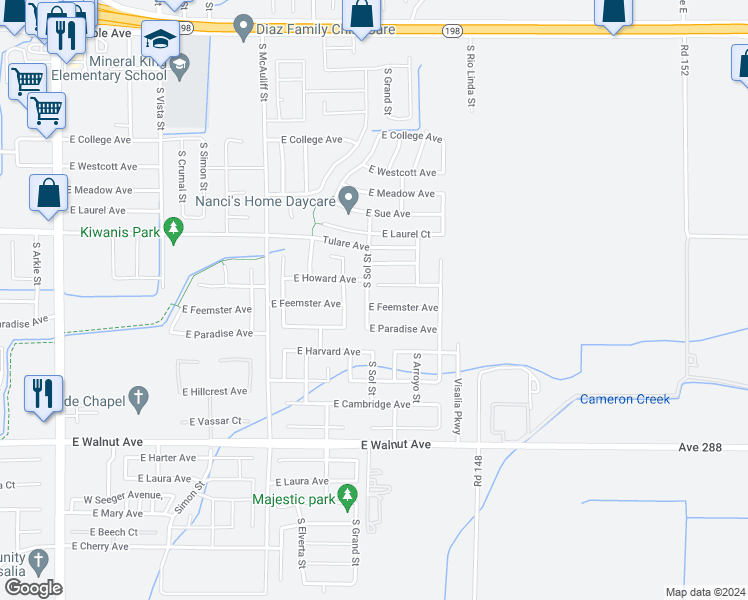 map of restaurants, bars, coffee shops, grocery stores, and more near 4112 East Feemster Avenue in Visalia