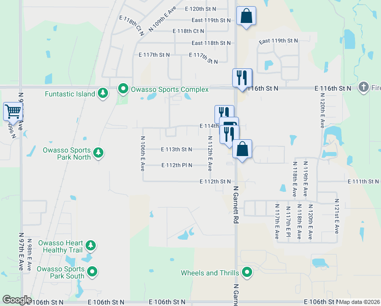 map of restaurants, bars, coffee shops, grocery stores, and more near 10625 East 113th Street North in Owasso
