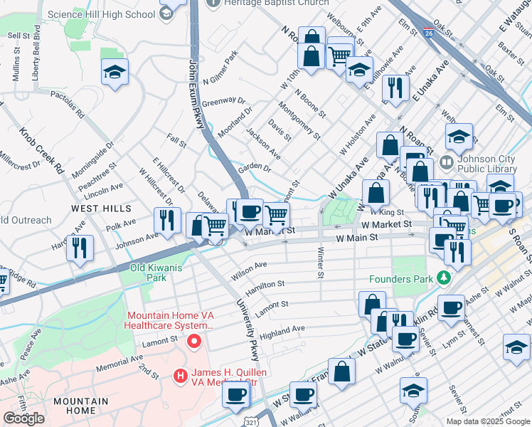 map of restaurants, bars, coffee shops, grocery stores, and more near 206 Sycamore Street in Johnson City