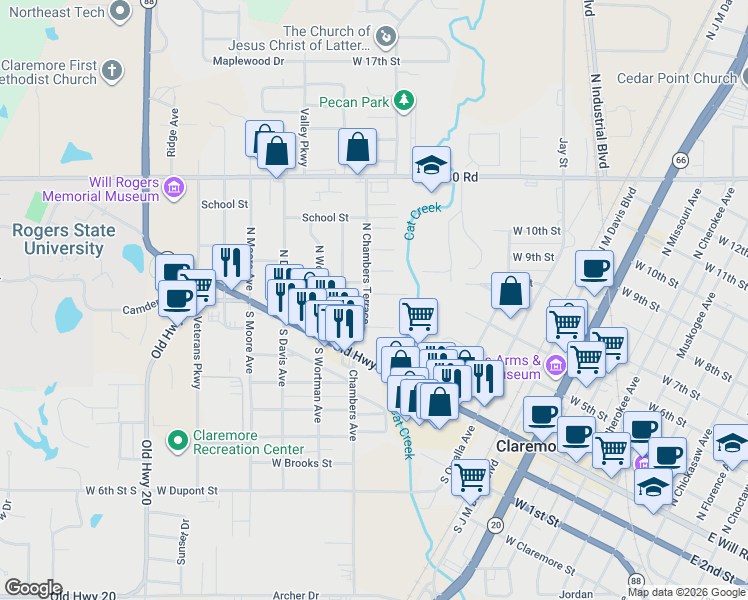 map of restaurants, bars, coffee shops, grocery stores, and more near 211 North Chambers Trail in Claremore