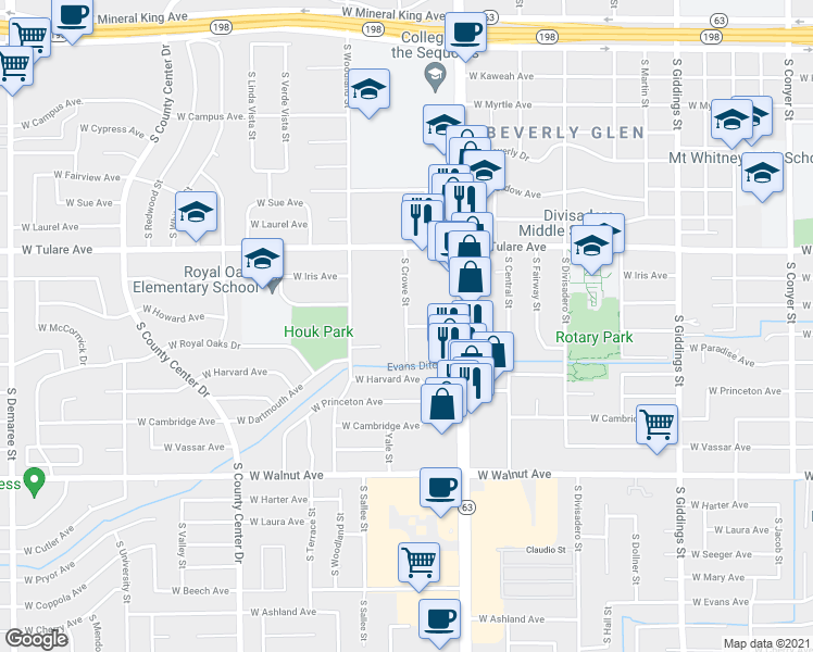 map of restaurants, bars, coffee shops, grocery stores, and more near South Crowe Street in Visalia