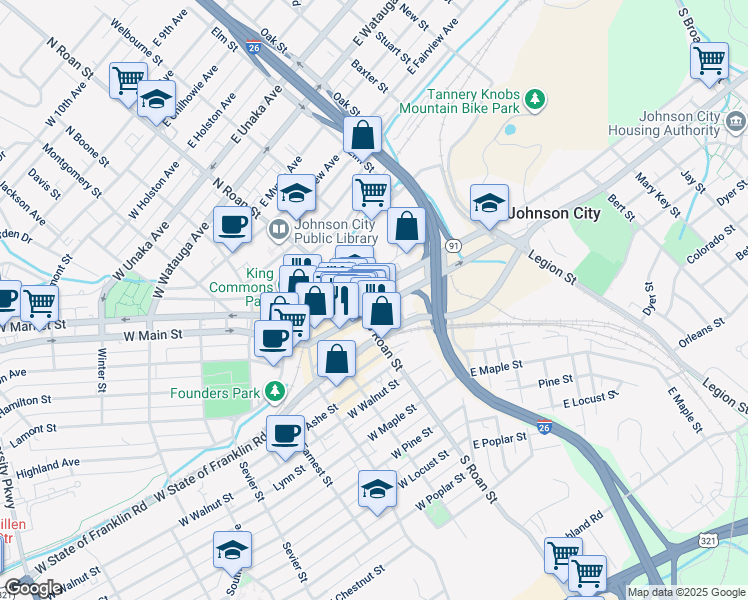 map of restaurants, bars, coffee shops, grocery stores, and more near 333 East Main Street in Johnson City