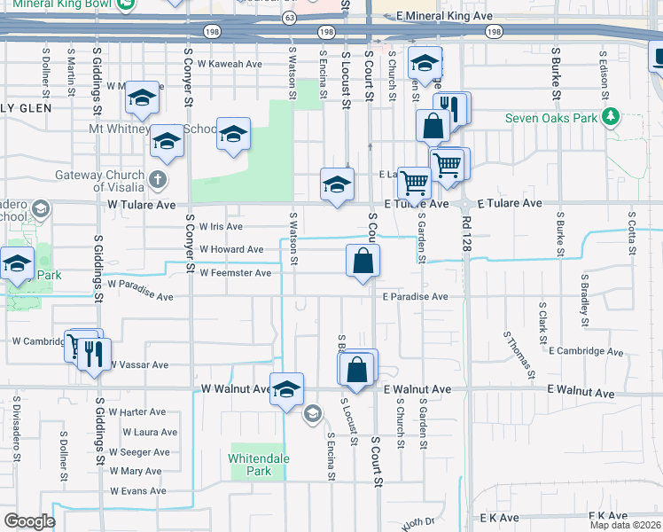 map of restaurants, bars, coffee shops, grocery stores, and more near 201 West Howard Avenue in Visalia