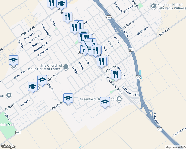 map of restaurants, bars, coffee shops, grocery stores, and more near 22 9th Street in Greenfield