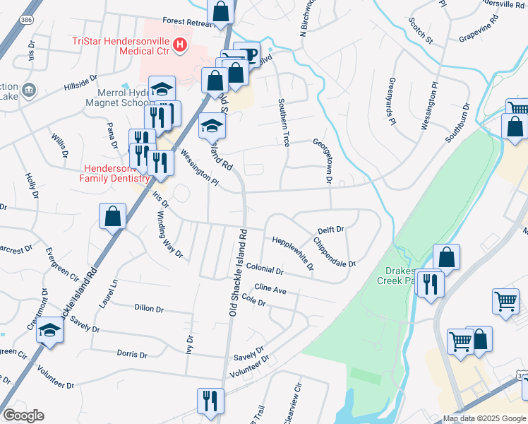 map of restaurants, bars, coffee shops, grocery stores, and more near 115 Chippendale Drive in Hendersonville