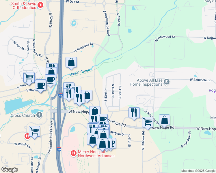 map of restaurants, bars, coffee shops, grocery stores, and more near 1708 South 42nd Street in Rogers