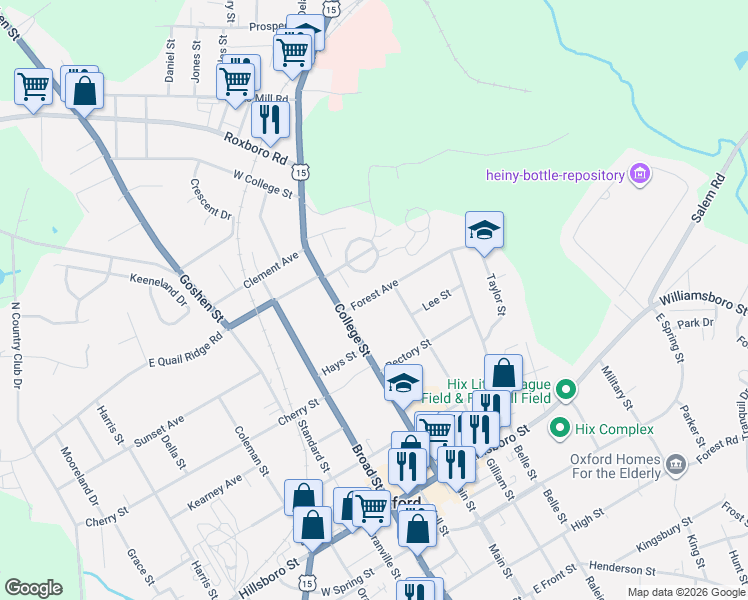 map of restaurants, bars, coffee shops, grocery stores, and more near 108 Forest Avenue in Oxford