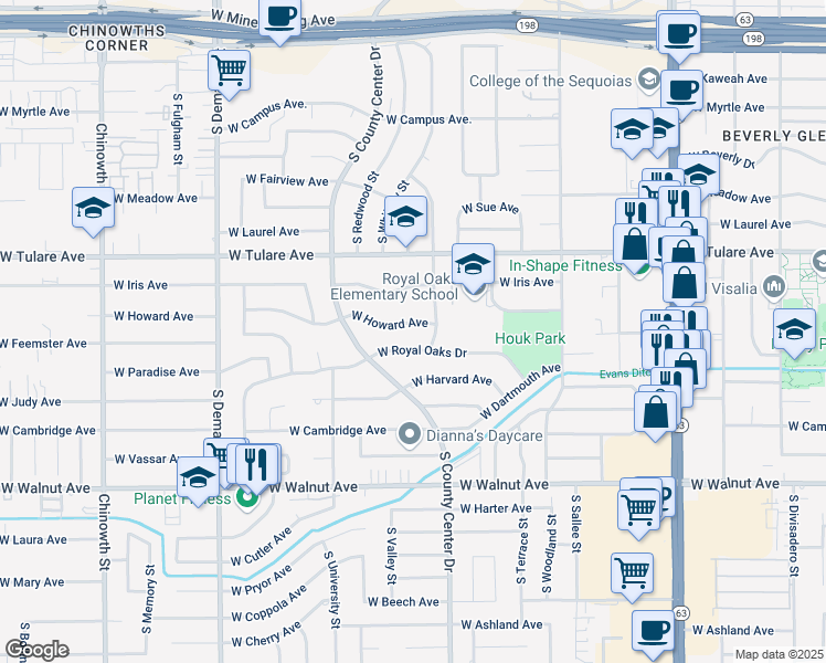 map of restaurants, bars, coffee shops, grocery stores, and more near 3009 West Howard Avenue in Visalia