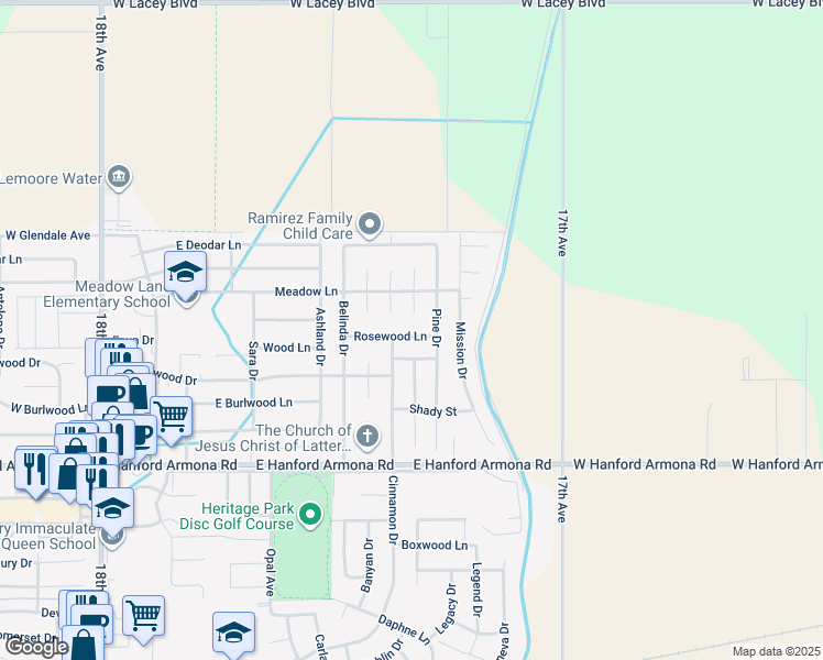 map of restaurants, bars, coffee shops, grocery stores, and more near 948 Rosewood Lane in Lemoore