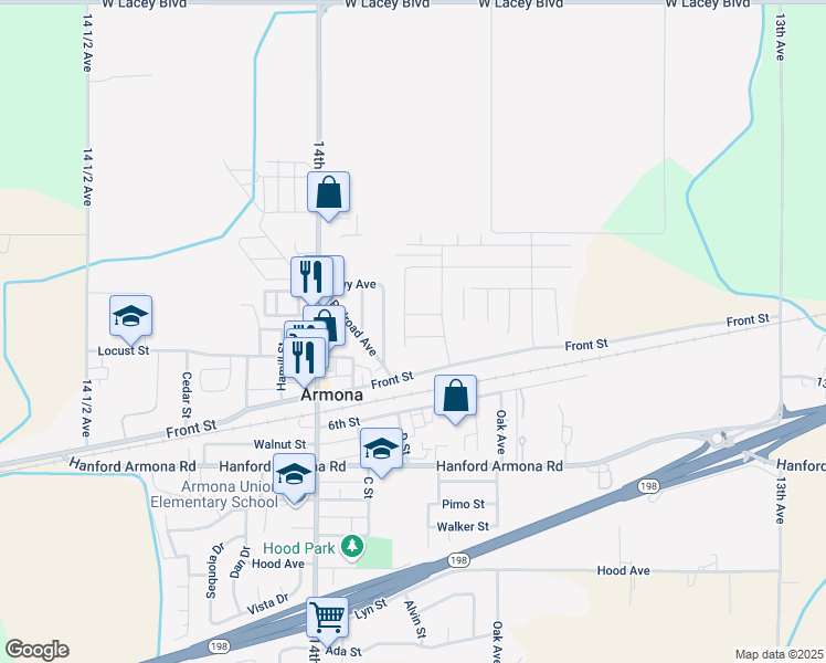 map of restaurants, bars, coffee shops, grocery stores, and more near 13708 Front Street in Hanford