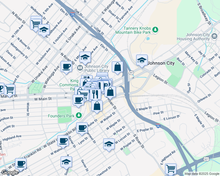 map of restaurants, bars, coffee shops, grocery stores, and more near 333 East Main Street in Johnson City
