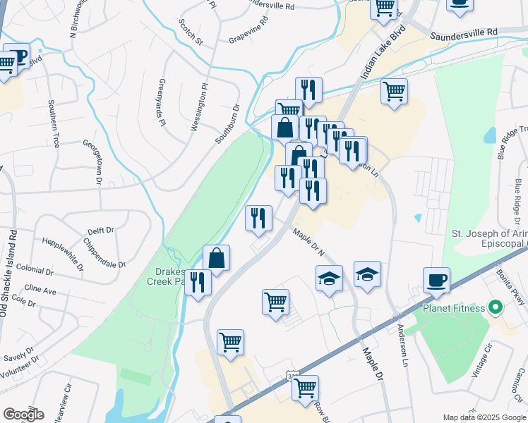 map of restaurants, bars, coffee shops, grocery stores, and more near 195 Indian Lake Boulevard in Hendersonville