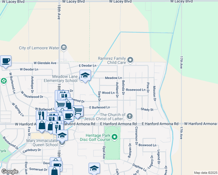map of restaurants, bars, coffee shops, grocery stores, and more near 643 Tamarack Lane in Lemoore